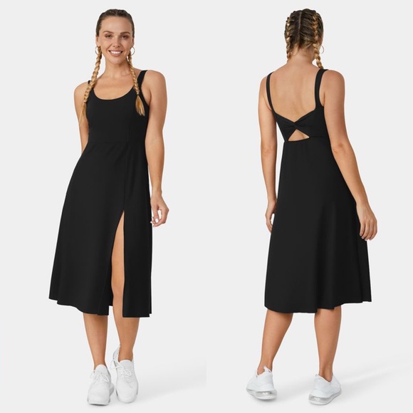HALARA Dresses & Skirts - NWT Halara Padded Backless Twisted Split Midi Casual Dress Black XS